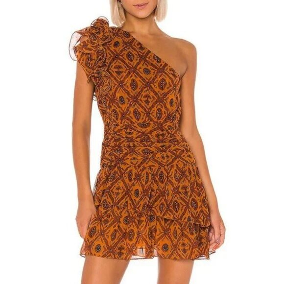 New Ulla Johnson Kaia 100% Silk One-Shoulder Print Dress Ochre Brown 2 $595 - Picture 1 of 8